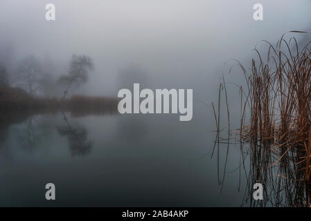 Autumn landscape with deep mist on the lake Stock Photo