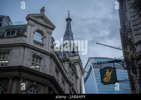 Cat and Fiddle Sign in Lombard Street in the City of London  in front of Fenchurch Street Walkie Talkie buidling Stock Photo