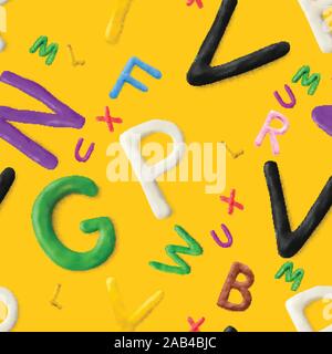 Seamless pattern with alphabet. Handmade modeling clay letters. Realistic 3d vector background. Stock Vector