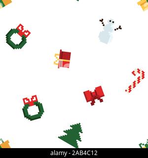 Colorful Pixel Pattern with Christmas Elements. Atcade games style Stock Vector
