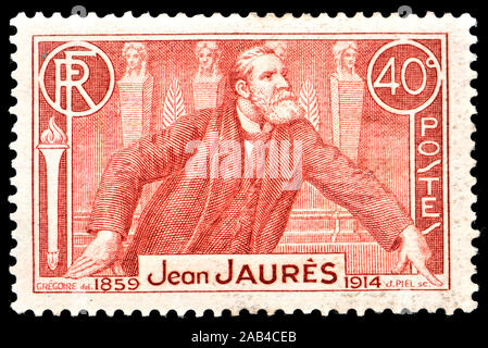 French postage stamp (1936) : Auguste Marie Joseph Jean Léon Jaurès / Jean Jaurès (1859 – 1914) French Socialist leader. Stock Photo