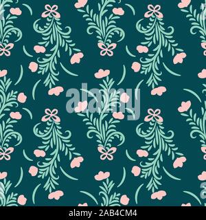 seamless vector pattern with ornamental flower bouquets on a dark teal background Stock Vector