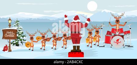 Santa Claus and reindeers with musical instruments New year christmas Orchestra concert on winter landscape scenery. Vector illustration. Stock Vector