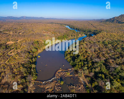 A sunrise over the Mazowe river seen from a drone. Stock Photo