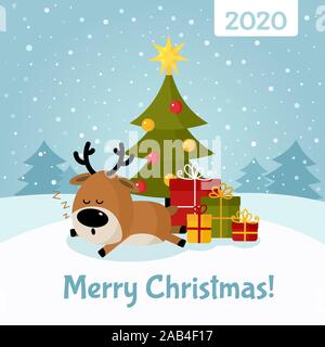 Santa deer sleeps under Christmas tree with gifts poster. Merry Christmas and Happy New Year. Holiday greeting card. Isolated vector illustration. Stock Vector