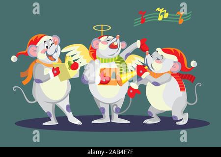 Vector illustration of cute mouse characters singing Christmas song. Vector cartoon stock illustration.Winter holiday, Christmas eve concept. For prin Stock Vector