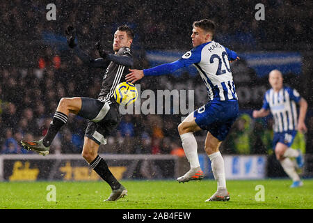 BRIGHTON, UK. 23rd Nov, 2019. Jamie Vardy of Leicester City and Solly March of Brighton & Hove Albion in action - Brighton & Hove Albion v Leicester City, Premier League, Amex Stadium, Brighton, UK - 23rd November 2019 Editorial Use Only - DataCo restrictions apply Credit: MatchDay Images Limited/Alamy Live News Stock Photo