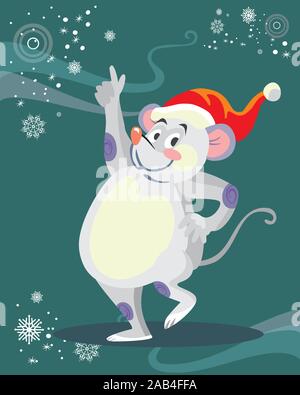 Vector illustration of cute dancing mouse character on turquoise background. Vector cartoon stock illustration.Winter holiday, Christmas eve concept. Stock Vector