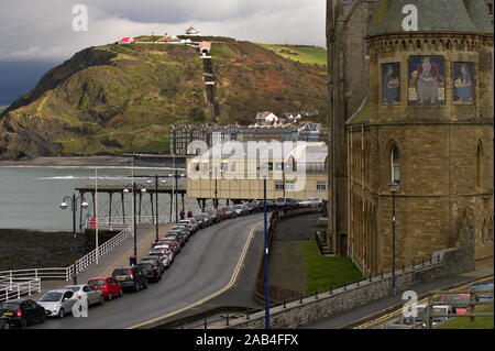 Aberystwyth Wales/UK November 25 2019:  View of Constitution hill, the Pier and the historic Old College with mosaic tile art from the Castle. Stock Photo