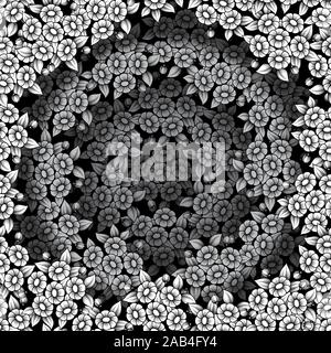 Black and white floral circle frame isolated on black background Stock Vector