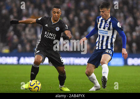 BRIGHTON, UK. 23rd Nov, 2019. Youri Tielemans of Leicester City and Solly March of Brighton & Hove Albion - Brighton & Hove Albion v Leicester City, Premier League, Amex Stadium, Brighton, UK - 23rd November 2019 Editorial Use Only - DataCo restrictions apply Credit: MatchDay Images Limited/Alamy Live News Stock Photo