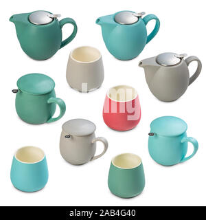 Set of different ceramic teapot with hand and cups on white background Stock Photo