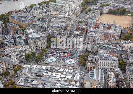 Aerial photograph showing climate protests in Trafalgar Sqaure London