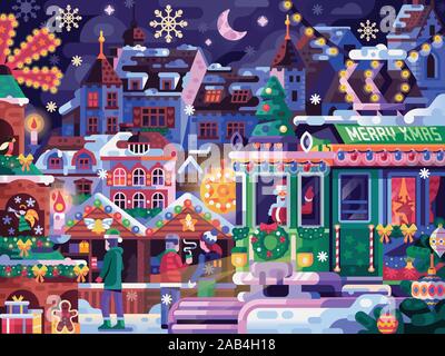 Christmas Festival with Holiday Tram and Basel Market Stock Vector