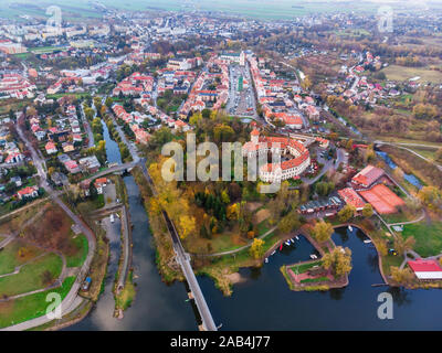 Aerial view of Pultusk city by river Narew in mazovian voivodeship, Poland