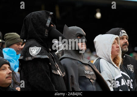 East Rutherford, New Jersey, USA. 24th Nov, 2019. Oakland Raiders fans watching the action on the field during a NFL game between the Oakland Raiders and the New York Jets at MetLife Stadium in East Rutherford, New Jersey. Duncan Williams/CSM/Alamy Live News Stock Photo