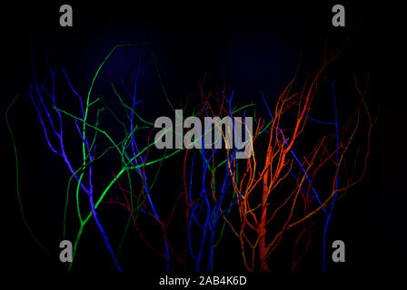 Neon Glow Acrylic UV Blacklight Paint on tree branch, reflective glow in the dark background. Luminous paint abstract background. Stock Photo