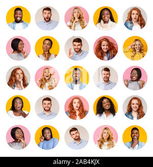 Collage of diverse multiethnic young people smiling over colorful backgrounds Stock Photo