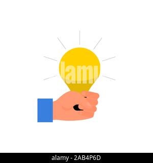 Caucasian human hand holding yellow light bulb in fist. Concept of energy and stregth. Isolated on white background. Flat style stock vector Stock Vector