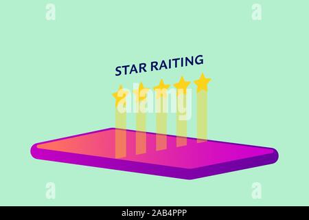 Five yellow stars over screen of smart phone or generic electronic device. on blue background. Flat style stock vector illustration Stock Vector