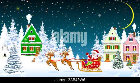 Santa on a sleigh with deers on the background of houses and forest. Santa Claus with presents on a sleigh. Houses, snow, snowy firs. Snowflakes. Wint Stock Vector