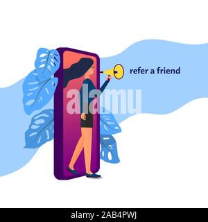 Caucasian woman holds bullhorn standing in front of a smart device. Isolated on white background. Flat style stock vector illustration Stock Vector