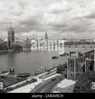 1950s, historical, View from Lambeth Palace on the south side of the city across the the river Thames showing the Palace of Westminster, the Houses of Parliament, home of the UK Government, London, England, UK.
