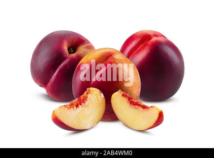 Three smooth-skinned nectarines and two slices without kernel isolated on white background with copy space for text or images. Side view. Close-up. Stock Photo