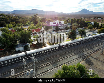 The Rovos Rail luxury train travelling between Cape Town and Pretoria in South Africa  Matjiesfontein station Pride of Africa beautifully rebuilt Clas Stock Photo