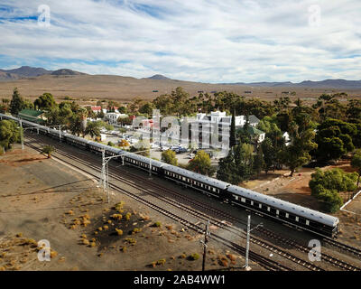 The Rovos Rail luxury train travelling between Cape Town and Pretoria in South Africa  Matjiesfontein station Pride of Africa beautifully rebuilt Clas Stock Photo