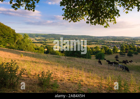 A summer evening view from Old Hill over the village of Wrington with the Mendip Hills beyond. North Somerset, England.