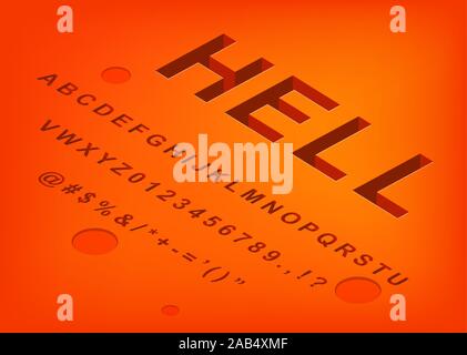 Hell alphabet isometric 3d font design, three-dimensional letters and numbers vector illustration Stock Vector