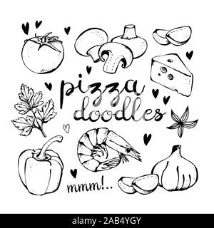 Pizza ingredients doodles, vector set isolated on white background Stock Vector