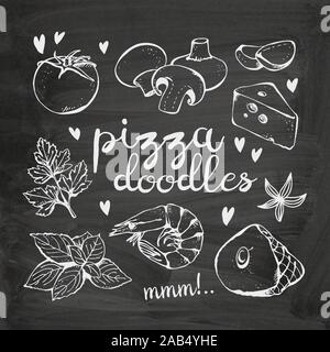 Pizza ingredients doodles, vector collection on chalkboard background Stock Vector