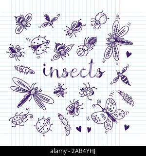 Insects doodle set, vector collection on note background Stock Vector