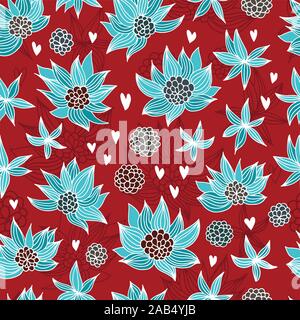 Seamless pattern with floral and heart symbols doodles, vector background Stock Vector