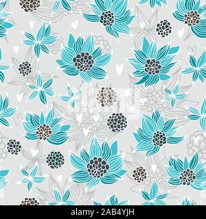 Love and flowers vector pattern, seamless floral doodles background Stock Vector
