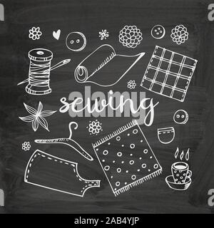 Sewing vector doodle set, fabric, thread, bobbin, needle, button, hanger, pattern and cup of tea on chalkboard background Stock Vector
