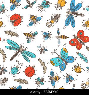 Insects doodle seamless pattern, vector color background with bug, fly, butterfly, ladybug, dragonfly, wasp, centipede Stock Vector