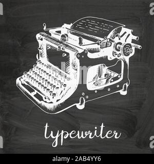 Typewriter hand drawn sketch, vector illustration on chalkboard background Stock Vector