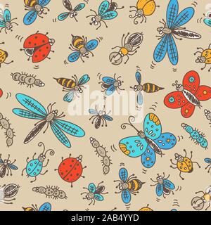 Insects doodle seamless pattern, vector color background with bug, fly, butterfly, ladybug, dragonfly, wasp, centipede Stock Vector