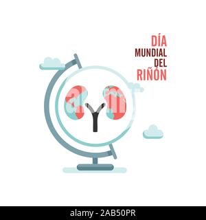 World kidney day with earth globe and clouds in spanish text. Isolated vector illustration Stock Vector
