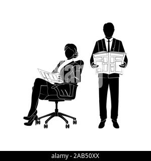 Business woman, manager in an office chair reading a newspaper vector. Businessman standing reading a newspaper black vector illustration on white bac Stock Vector