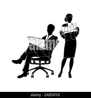Businessman, manager in an office chair reading a newspaper vector. Businesswoman standing reading a newspaper black vector illustration on white back Stock Vector