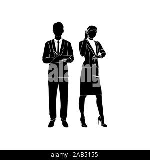 Businessman holding clipboard and writing. Businesswoman, manager talking on a cell phone and looking at the wrist watch. Vector illustration black on Stock Vector