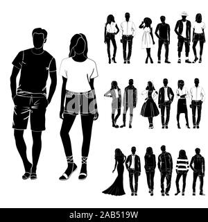 Set of trendy guys and girls vector. Fashionable man and woman vector. Fashionable young couples. Fashion concept vector black on the white background Stock Vector