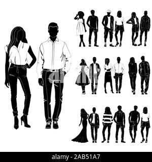 Set of trendy guys and girls vector. Fashionable man and woman vector. Fashionable young couples. Fashion concept vector black on the white background Stock Vector