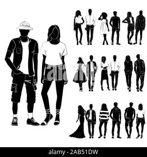 Set of trendy guys and girls vector. Fashionable man and woman vector. Fashionable young couples. Fashion concept vector black on the white background Stock Vector