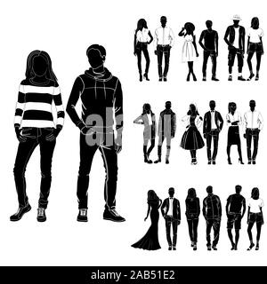 Set of trendy guys and girls vector. Fashionable man and woman vector. Fashionable young couples. Fashion concept vector black on the white background Stock Vector