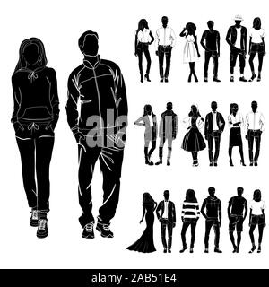 Set of trendy guys and girls vector. Fashionable man and woman vector. Fashionable young couples. Fashion concept vector black on the white background Stock Vector